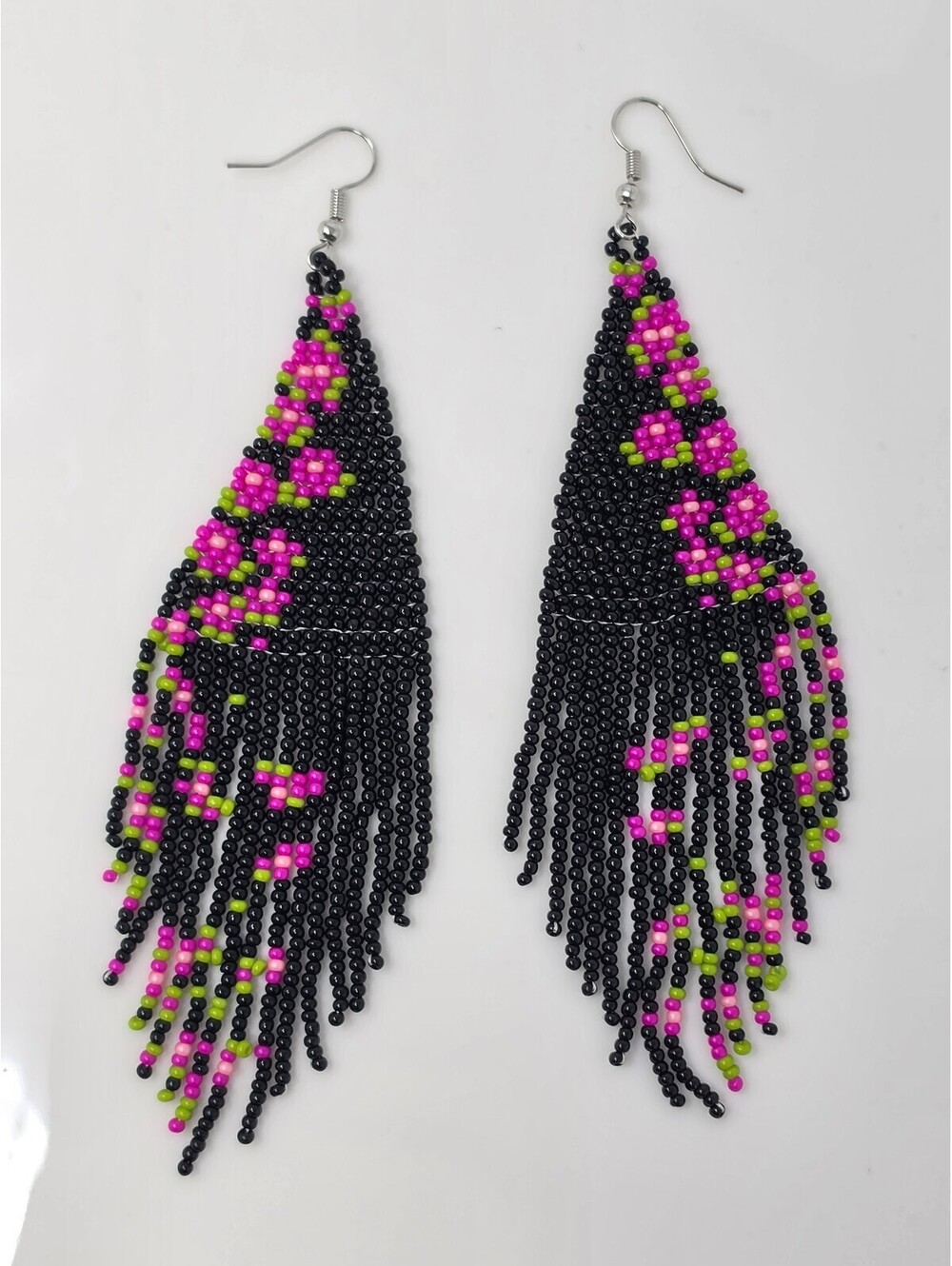 Gothic Garden Beaded Fringe Earrings Pink Floral Design
